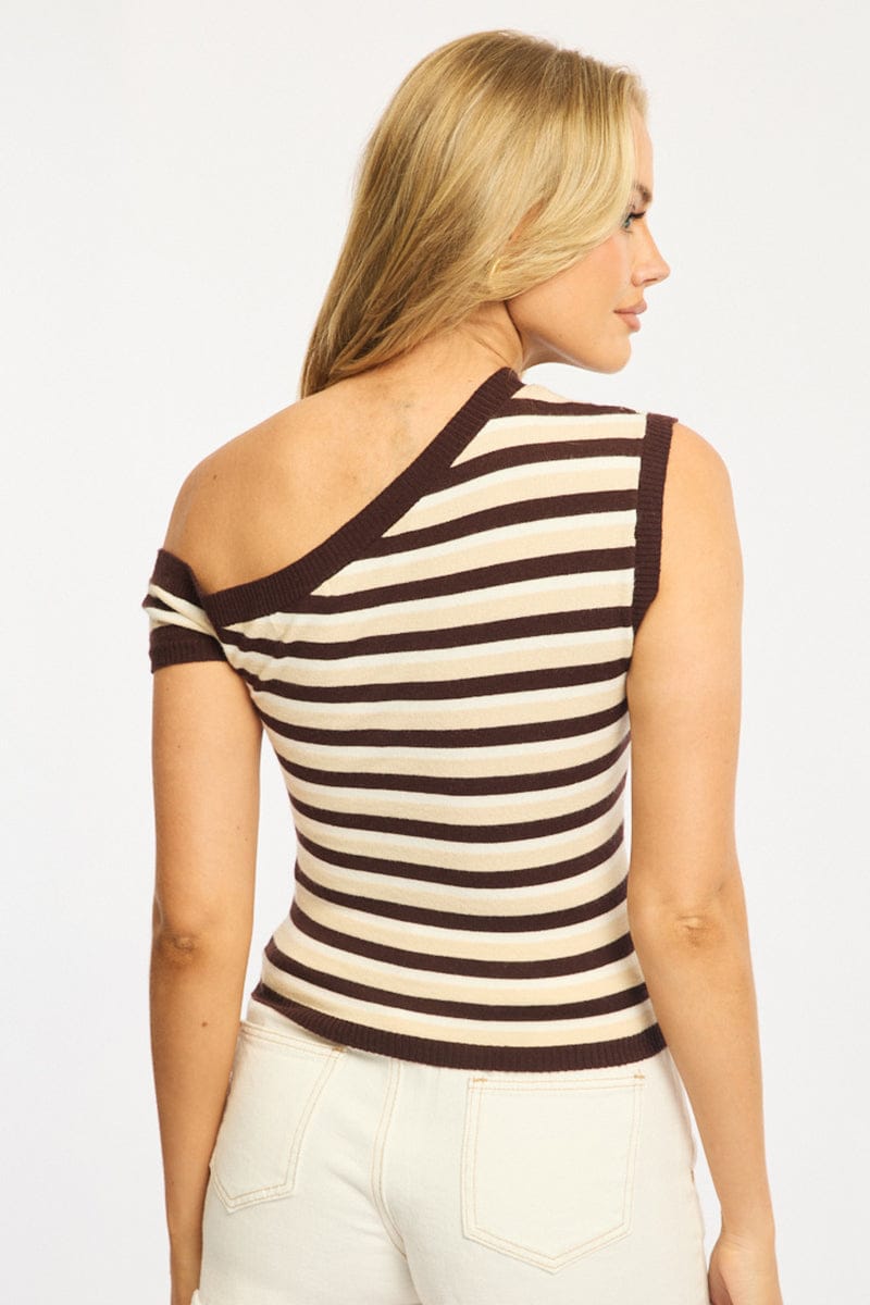 Brown Stripe Stripe Knit Top One Shoulder for Ally Fashion