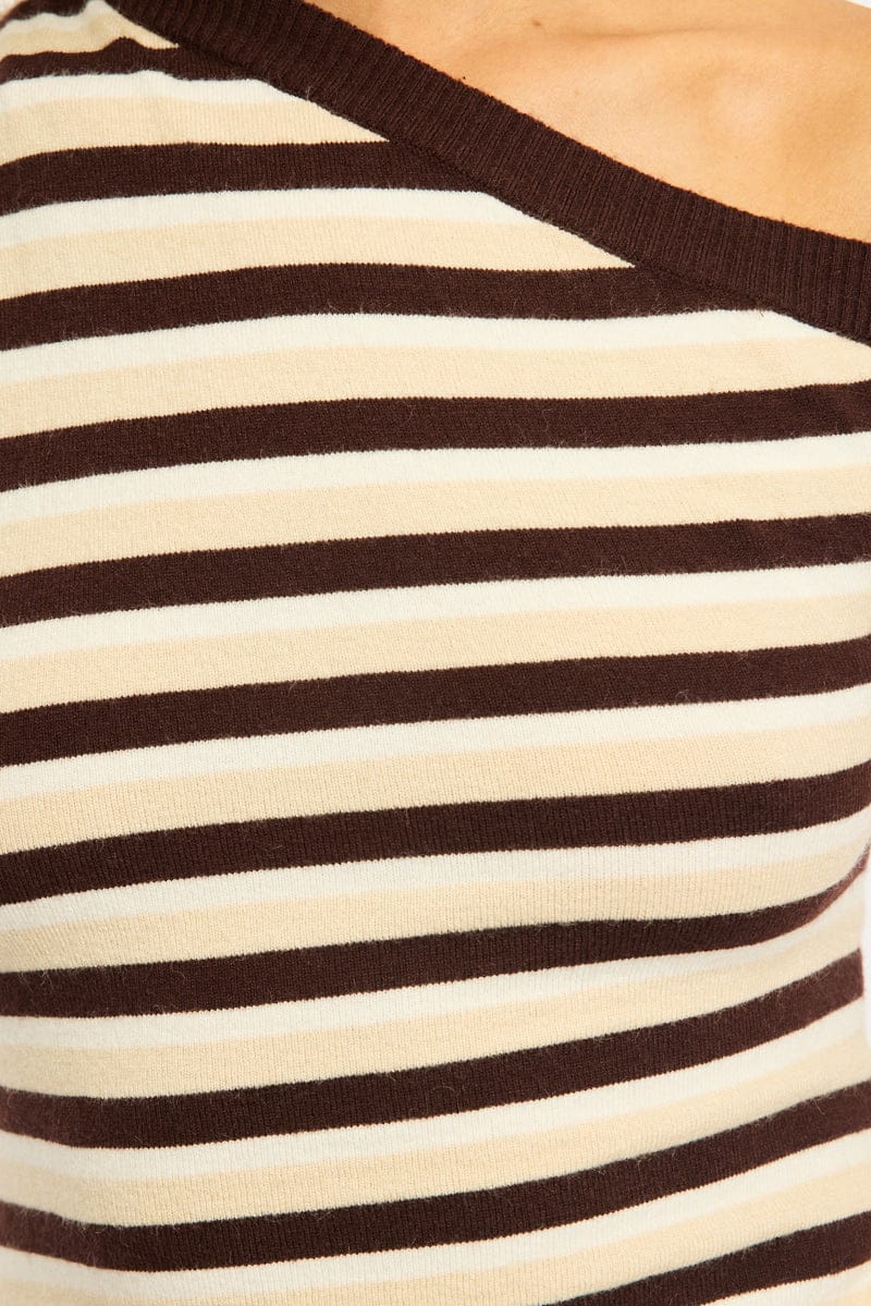 Brown Stripe Stripe Knit Top One Shoulder for Ally Fashion
