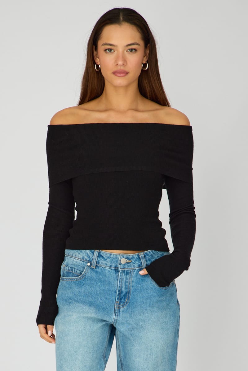 Black Off Shoulder Knit Top for Ally Fashion