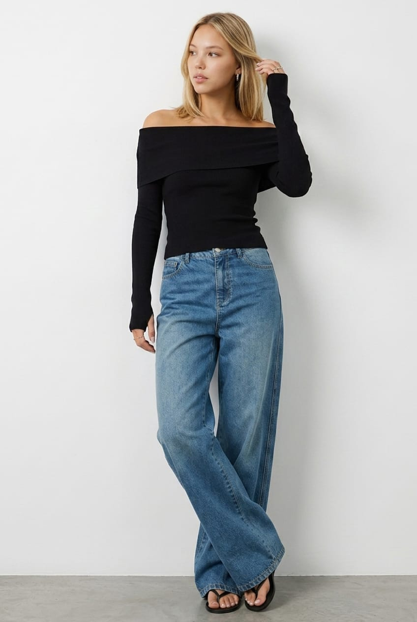 Black Off Shoulder Knit Top for Ally Fashion
