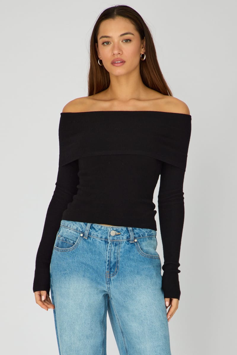 Black Off Shoulder Knit Top for Ally Fashion