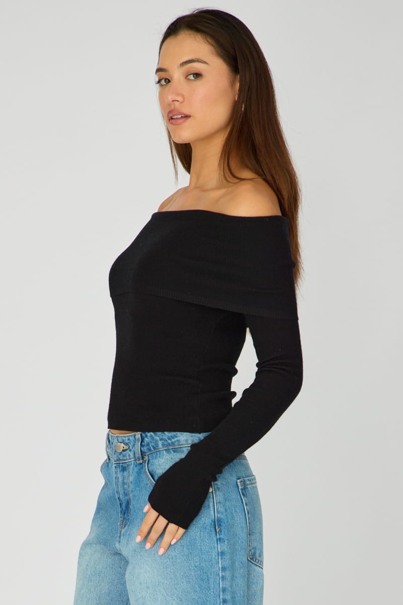 Black Off Shoulder Knit Top for Ally Fashion