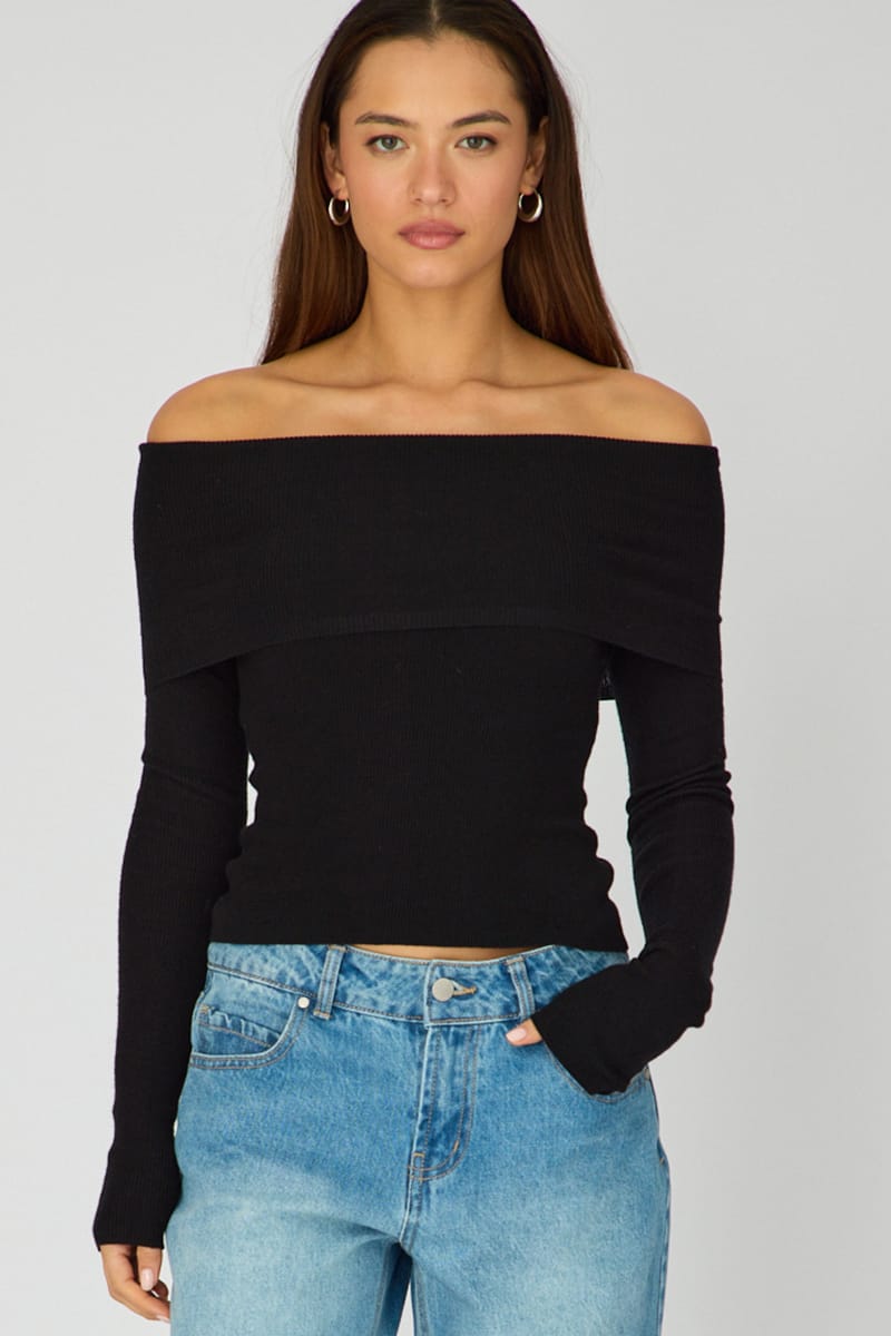 Black Off Shoulder Knit Top for Ally Fashion
