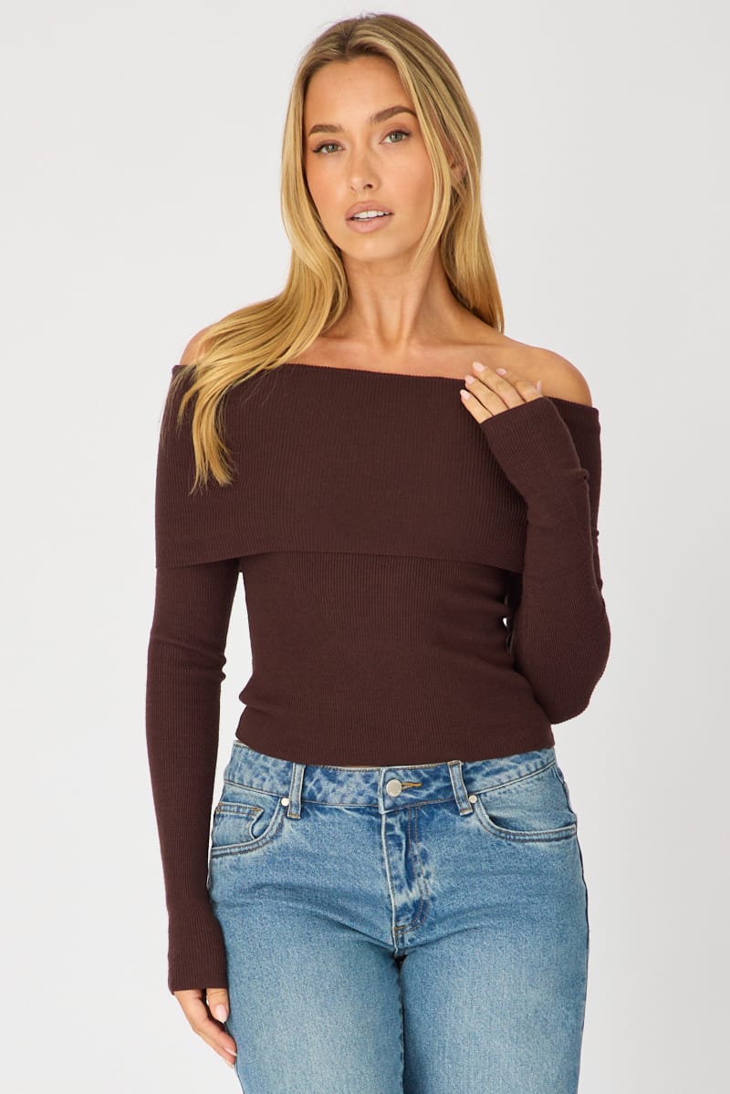 Brown Off Shoulder Knit Top for Ally Fashion