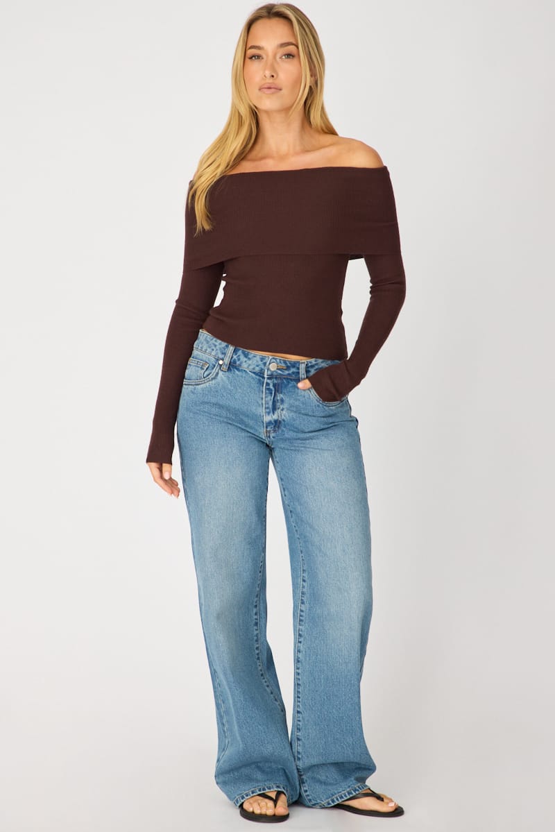 Brown Off Shoulder Knit Top for Ally Fashion