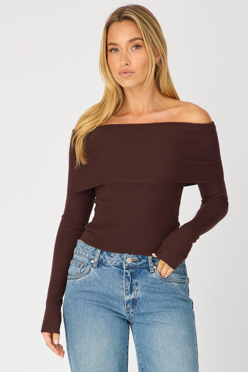 Brown Off Shoulder Knit Top for Ally Fashion