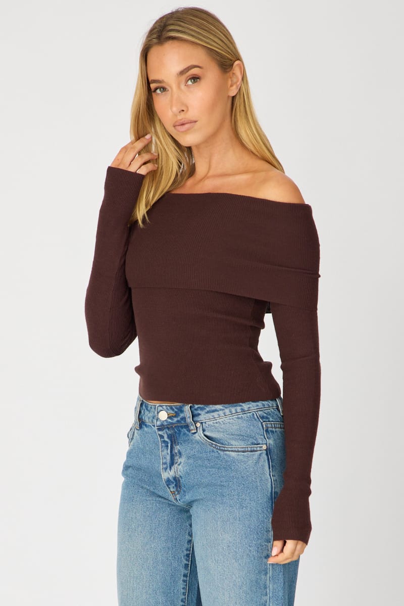Brown Off Shoulder Knit Top for Ally Fashion