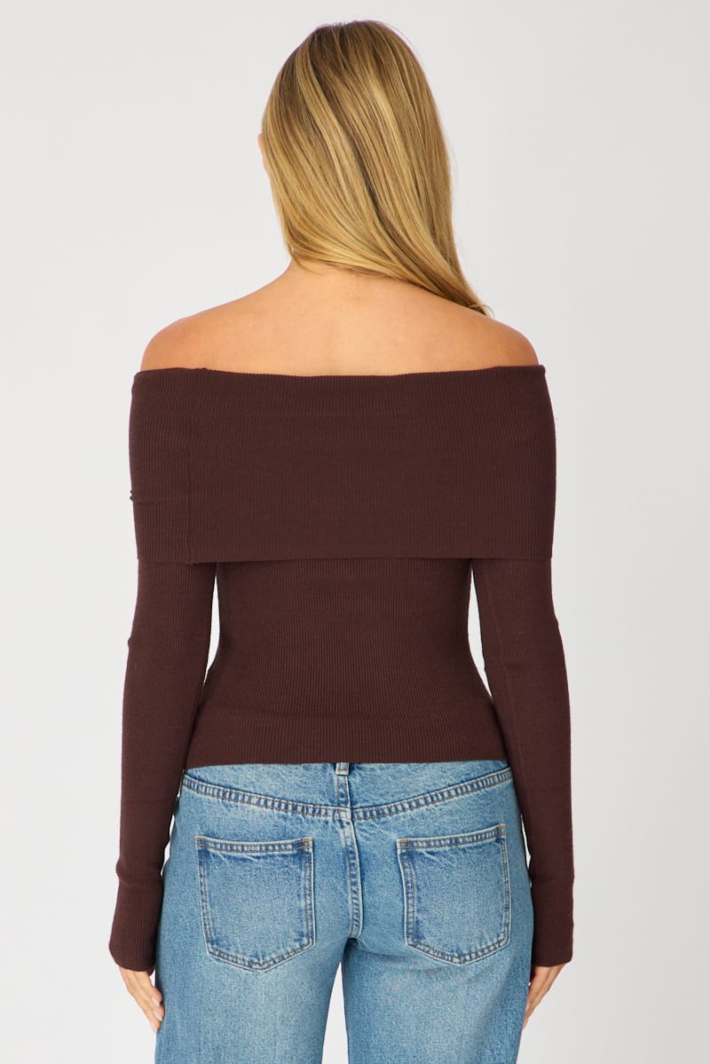 Brown Off Shoulder Knit Top for Ally Fashion