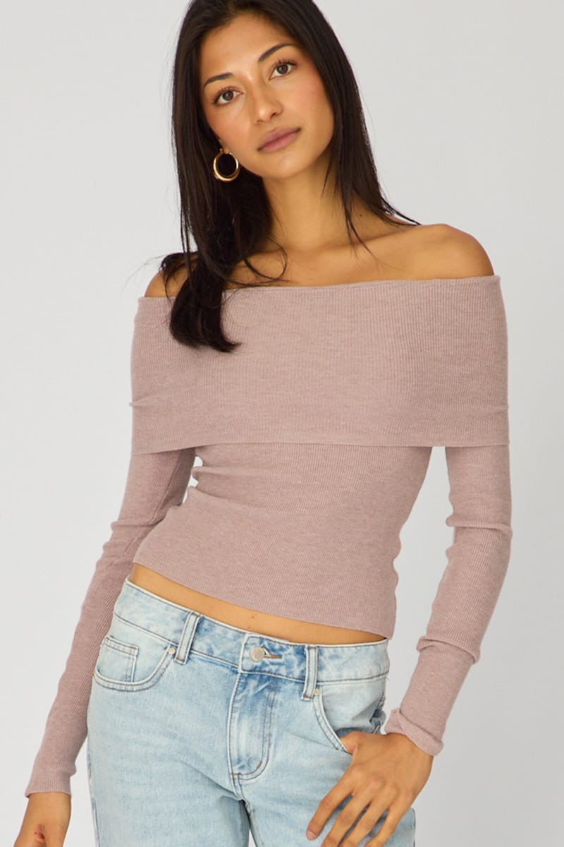 Beige Off Shoulder Knit Top for Ally Fashion