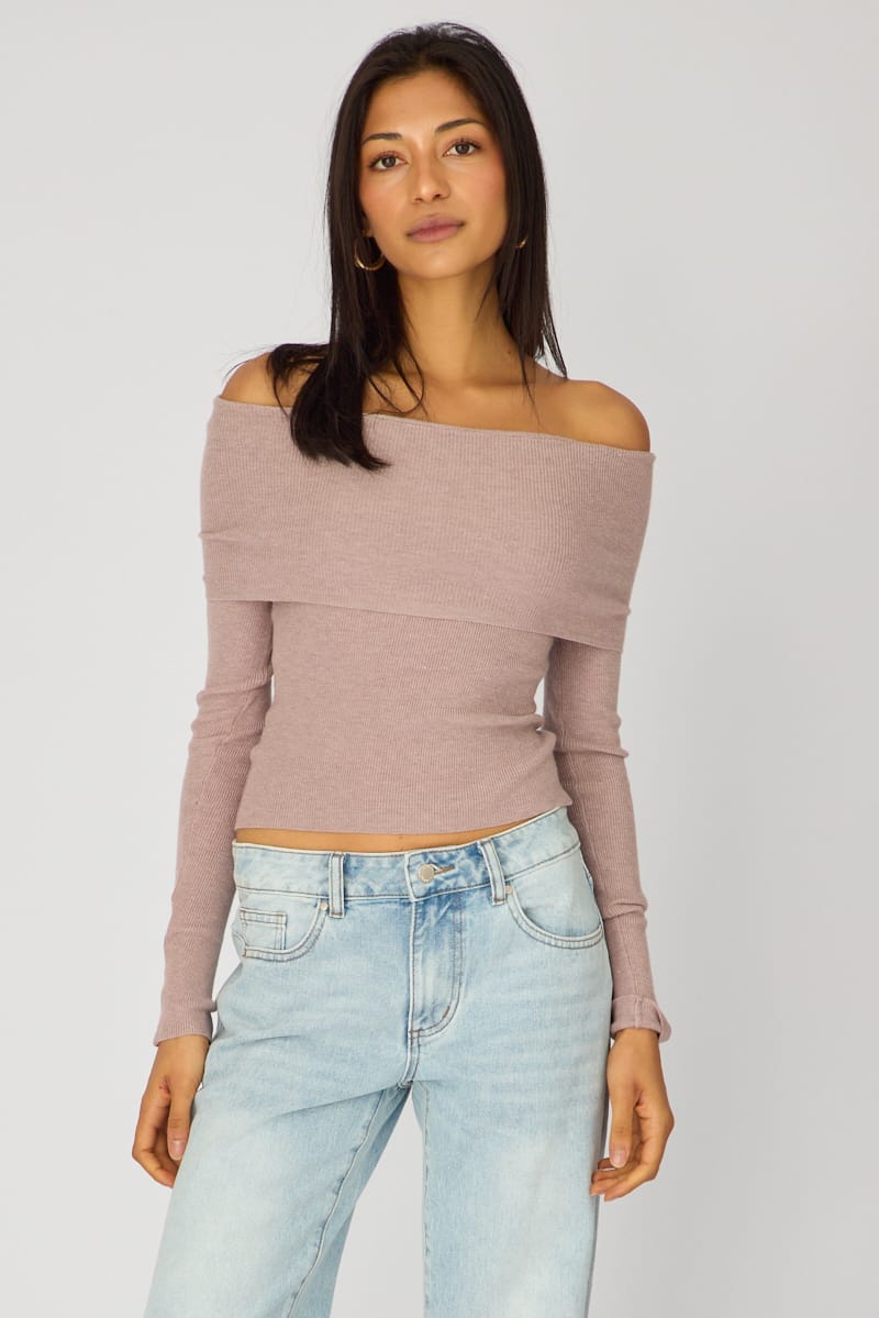 Beige Off Shoulder Knit Top for Ally Fashion