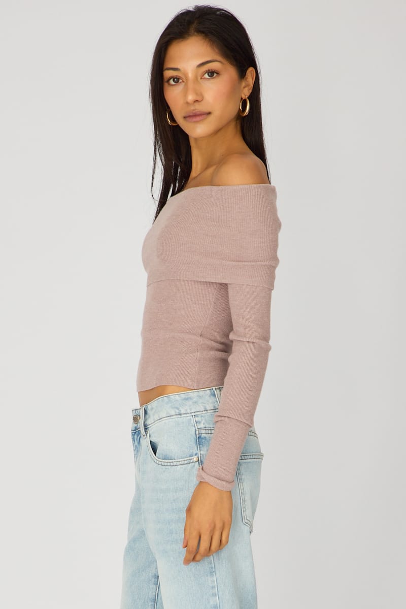 Beige Off Shoulder Knit Top for Ally Fashion