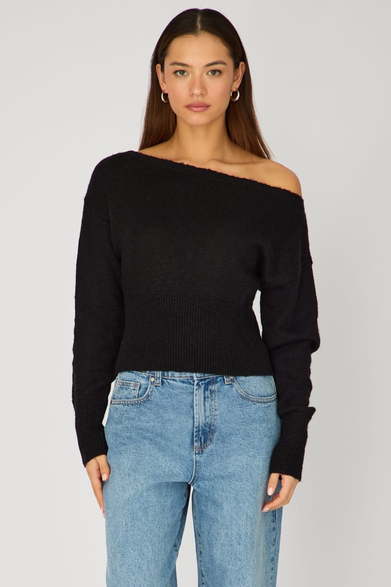 Black Knit Top Off Shoulder Long Sleeve for Ally Fashion