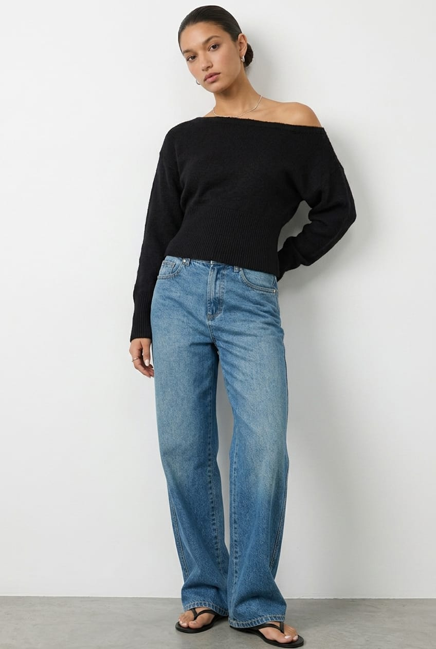 Black Knit Top Off Shoulder Long Sleeve for Ally Fashion