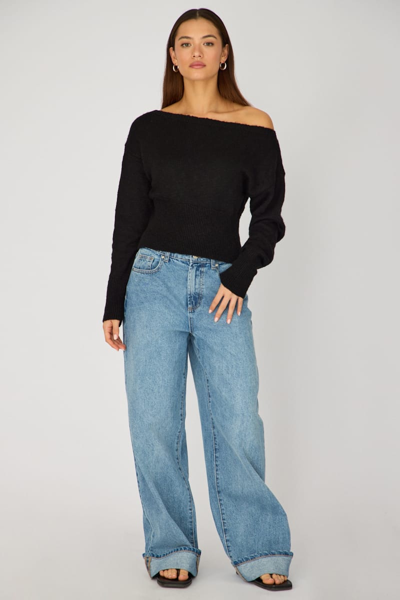 Black Knit Top Off Shoulder Long Sleeve for Ally Fashion
