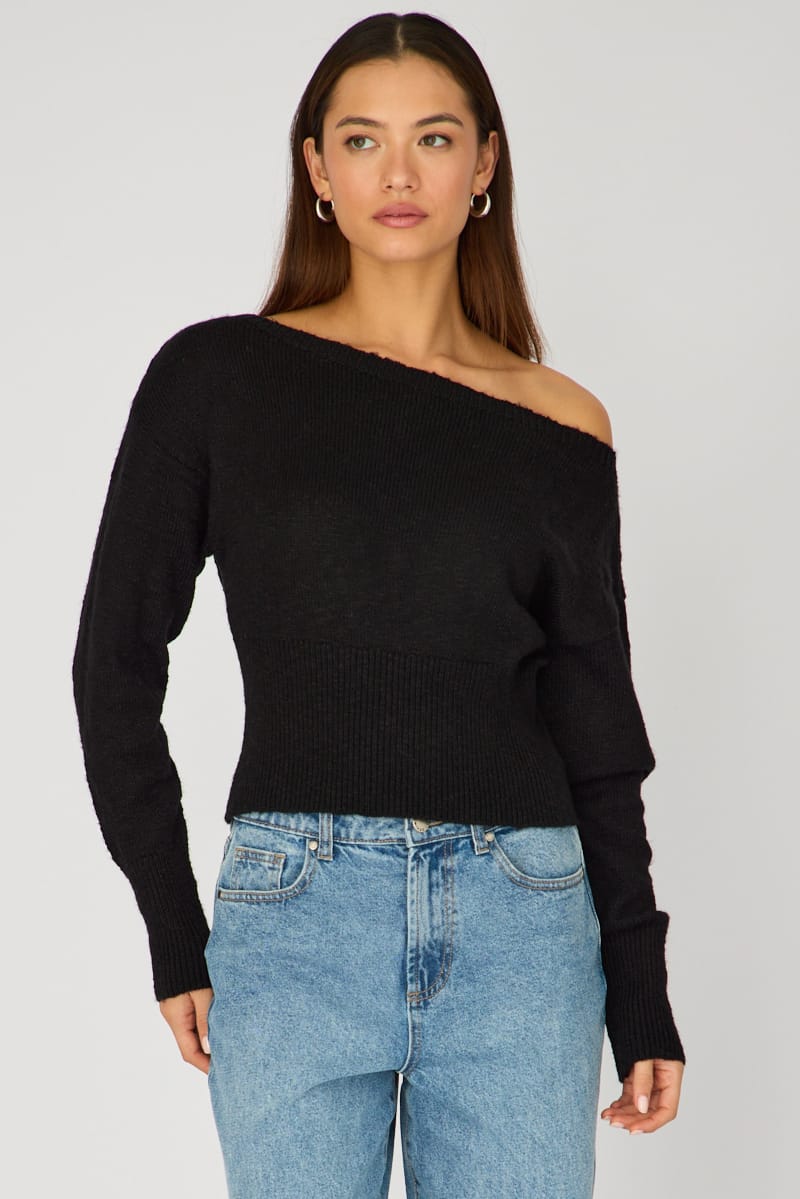 Black Knit Top Off Shoulder Long Sleeve for Ally Fashion