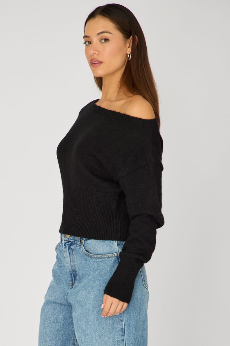 Black Knit Top Off Shoulder Long Sleeve for Ally Fashion