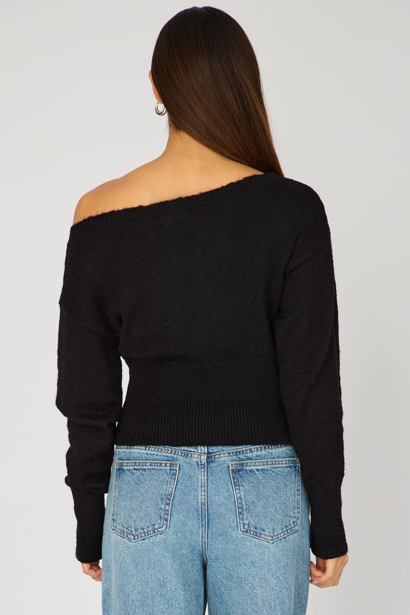 Black Knit Top Off Shoulder Long Sleeve for Ally Fashion