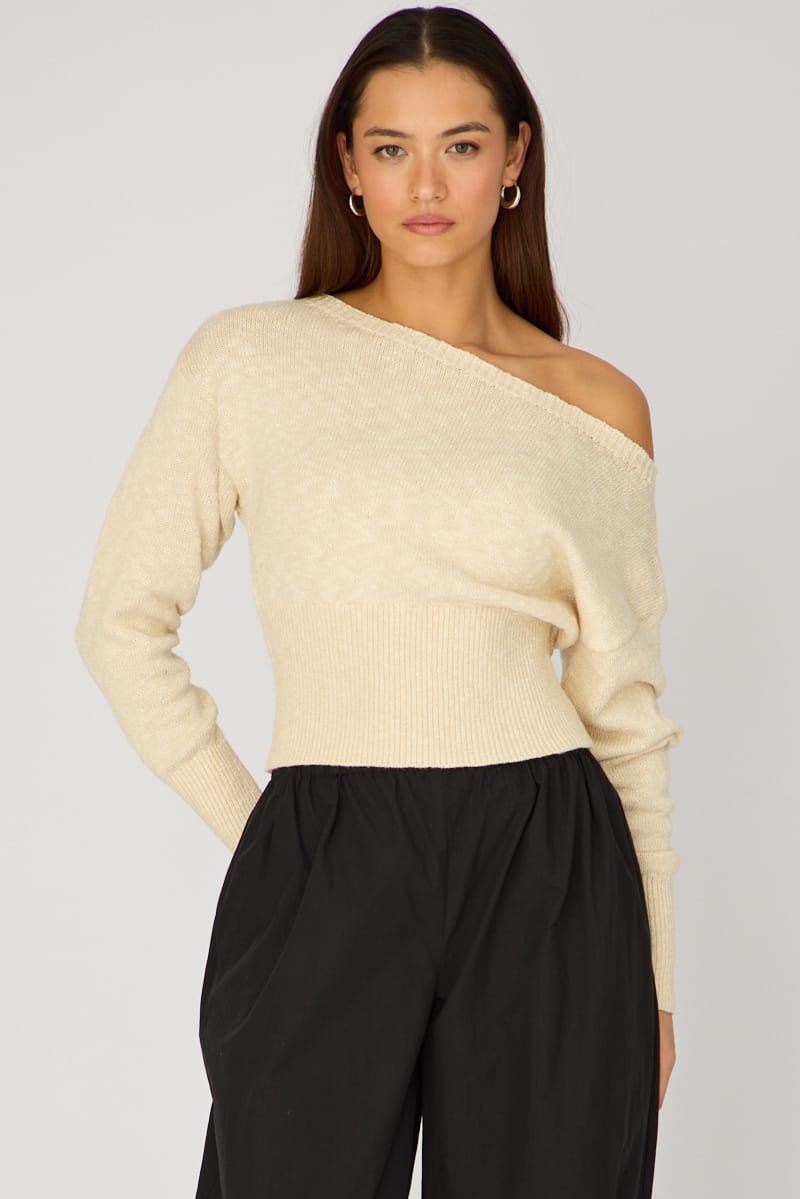 Beige Knit Top Off Shoulder Long Sleeve for Ally Fashion