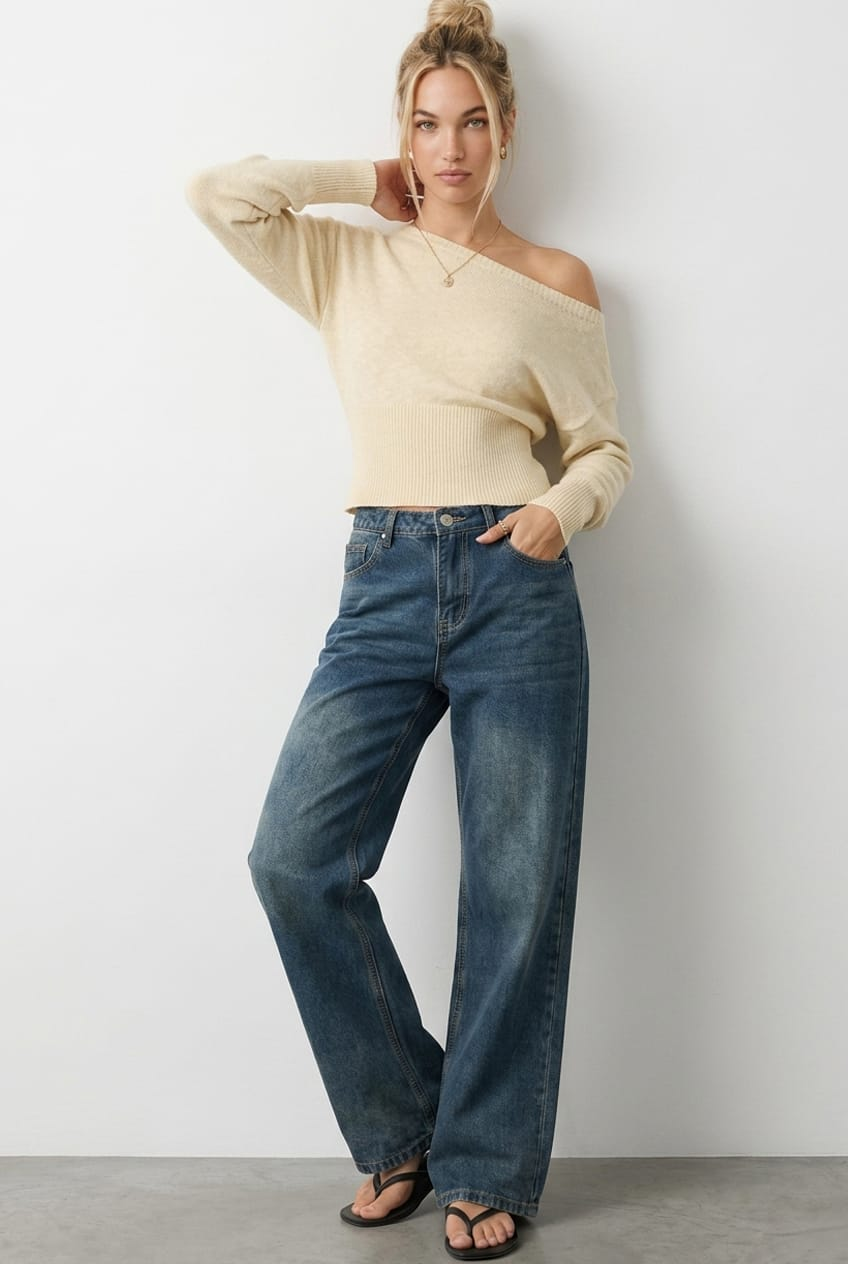 Beige Knit Top Off Shoulder Long Sleeve for Ally Fashion