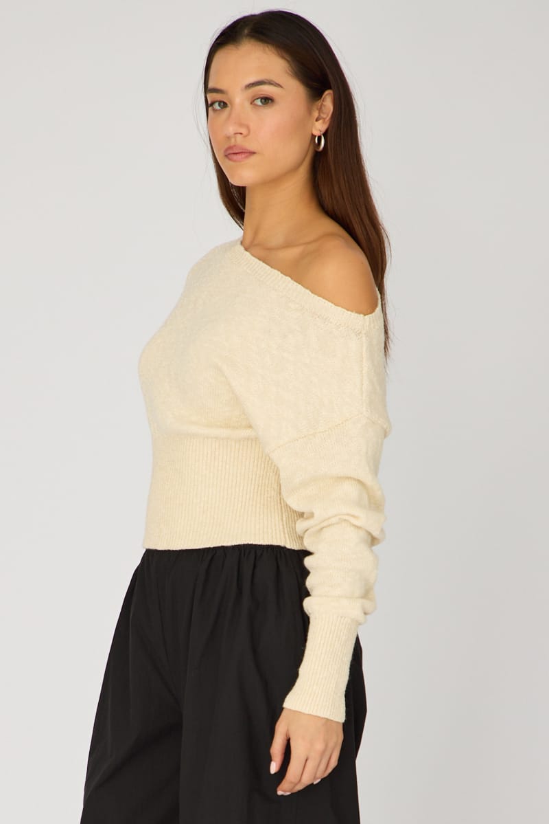 Beige Knit Top Off Shoulder Long Sleeve for Ally Fashion