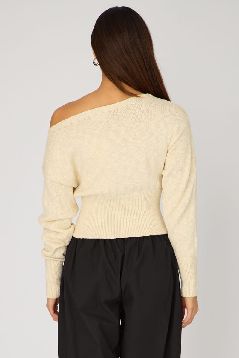 Beige Knit Top Off Shoulder Long Sleeve for Ally Fashion