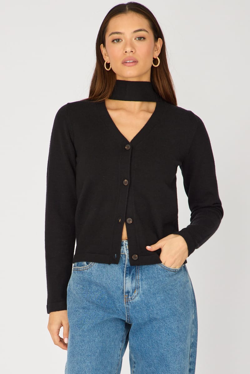 Black Knit Cardigan V-Neck from Ally Fashion