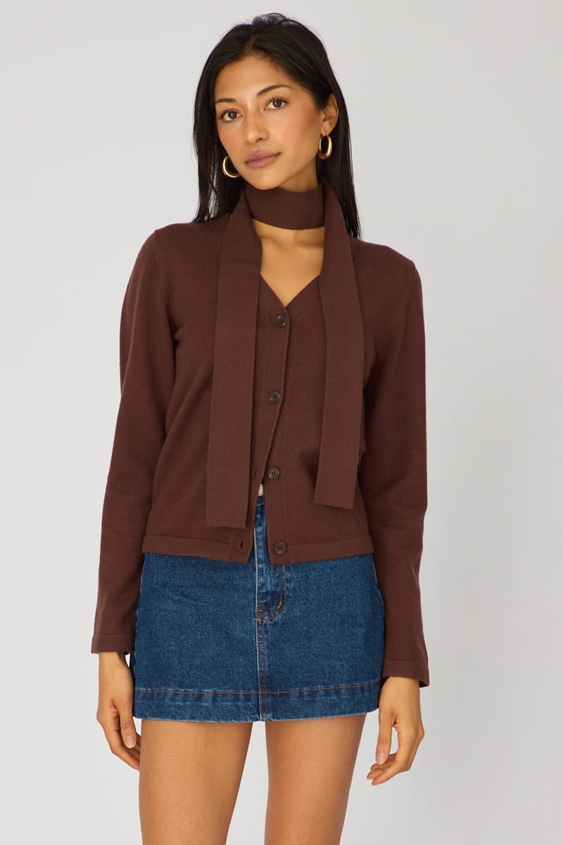 Brown Knit Cardigan V-neck for Ally Fashion