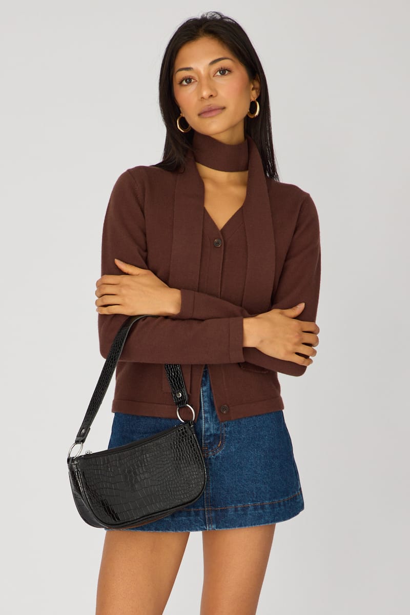 Brown Knit Cardigan V-neck for Ally Fashion