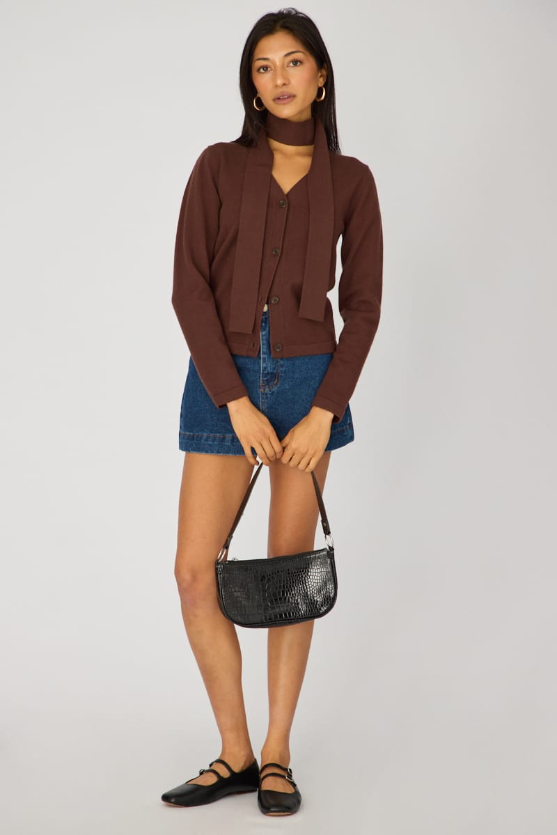 Brown Knit Cardigan V-neck for Ally Fashion