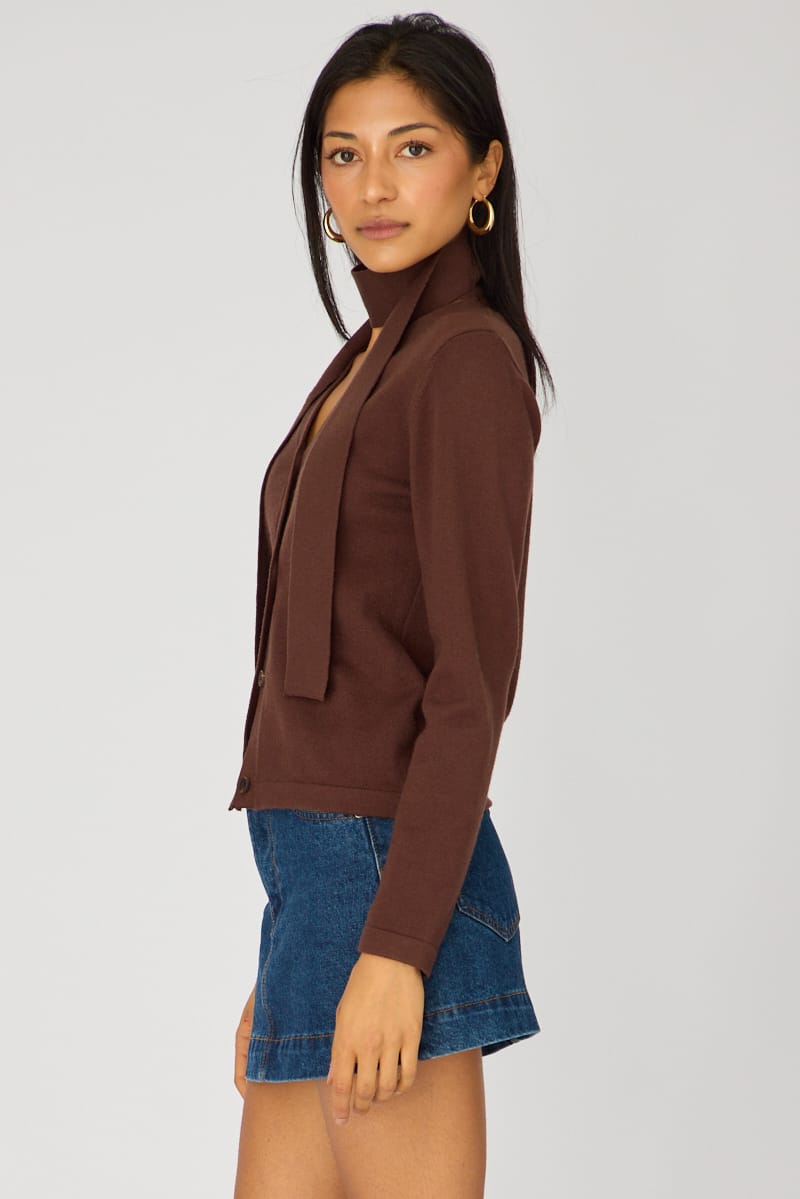 Brown Knit Cardigan V-neck for Ally Fashion