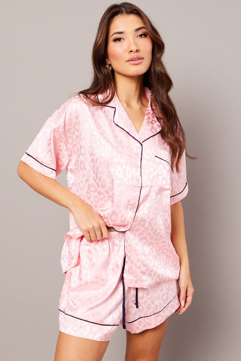 Pink Pyjama Set Leopard Jacquard Piping Satin PJ for Ally Fashion