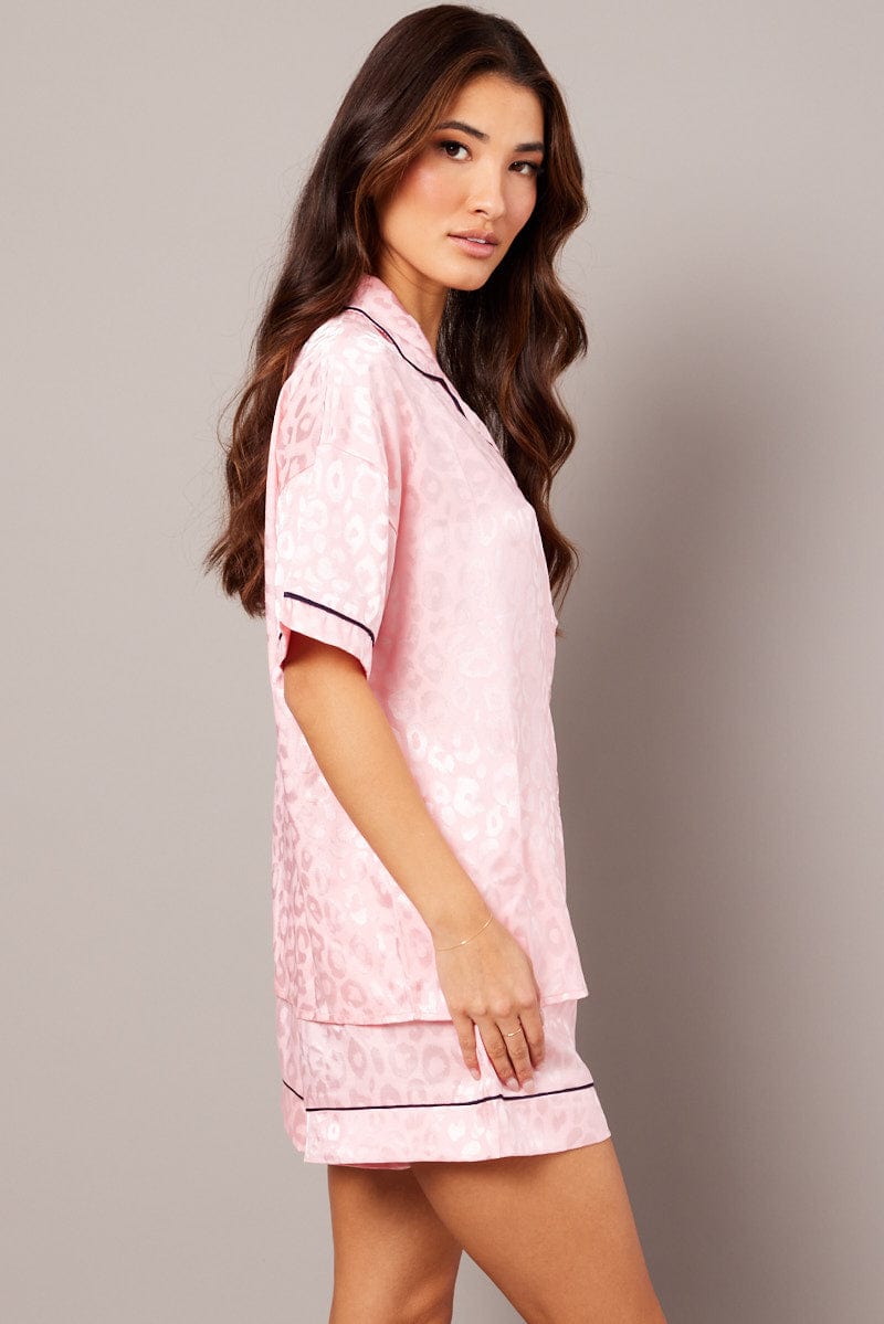 Pink Pyjama Set Leopard Jacquard Piping Satin PJ for Ally Fashion