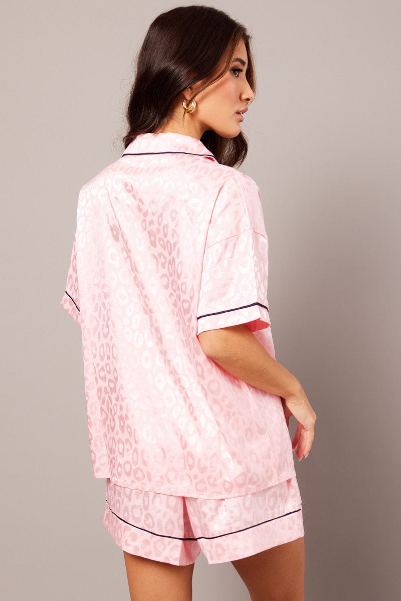 Pink Pyjama Set Leopard Jacquard Piping Satin PJ for Ally Fashion