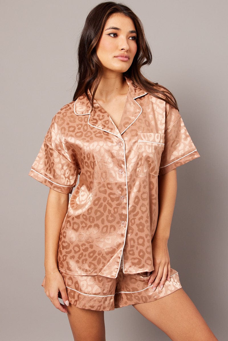 Brown Pj Set Satin Contrast Piping Pyjamas Set for Ally Fashion