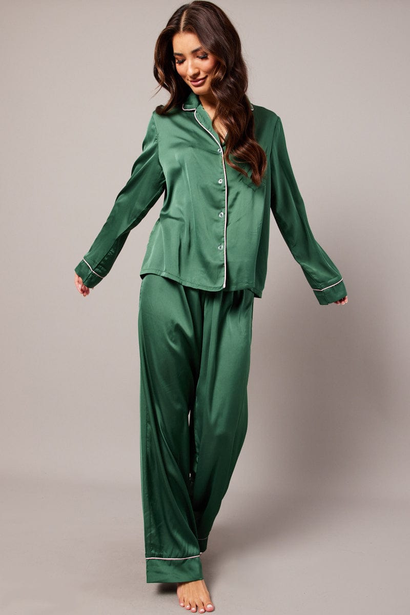 Green Satin Pyjama Contrast Piping Long Leg Pj Set for Ally Fashion