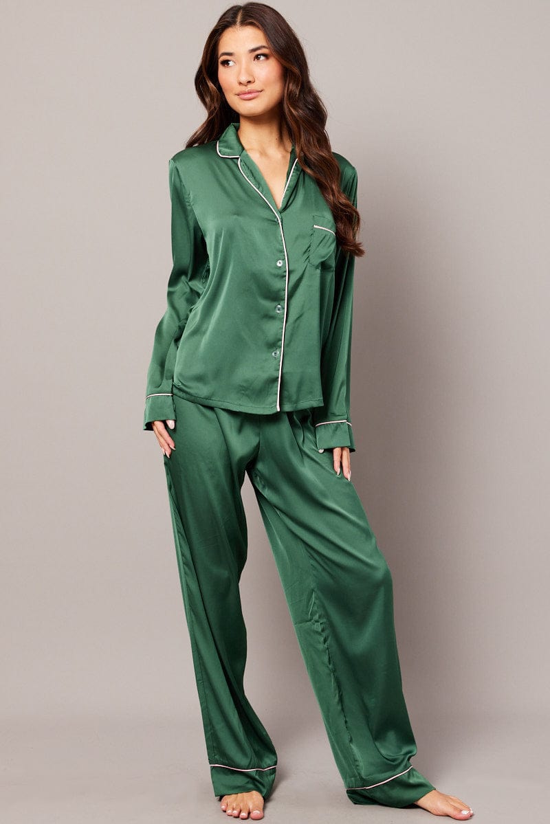 Green Satin Pyjama Contrast Piping Long Leg Pj Set for Ally Fashion