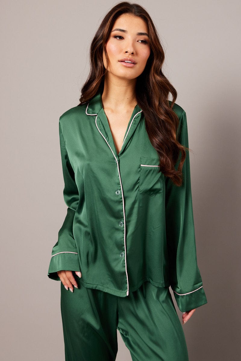Green Satin Pyjama Contrast Piping Long Leg Pj Set for Ally Fashion