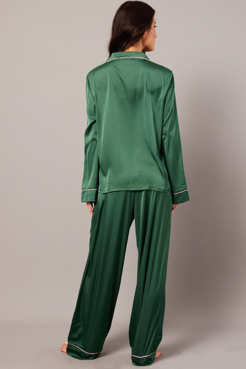 Green Satin Pyjama Contrast Piping Long Leg Pj Set for Ally Fashion