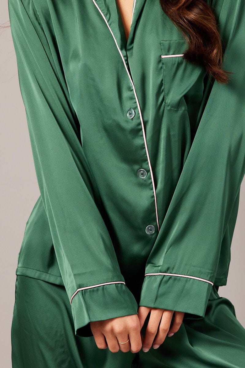 Green Satin Pyjama Contrast Piping Long Leg Pj Set for Ally Fashion