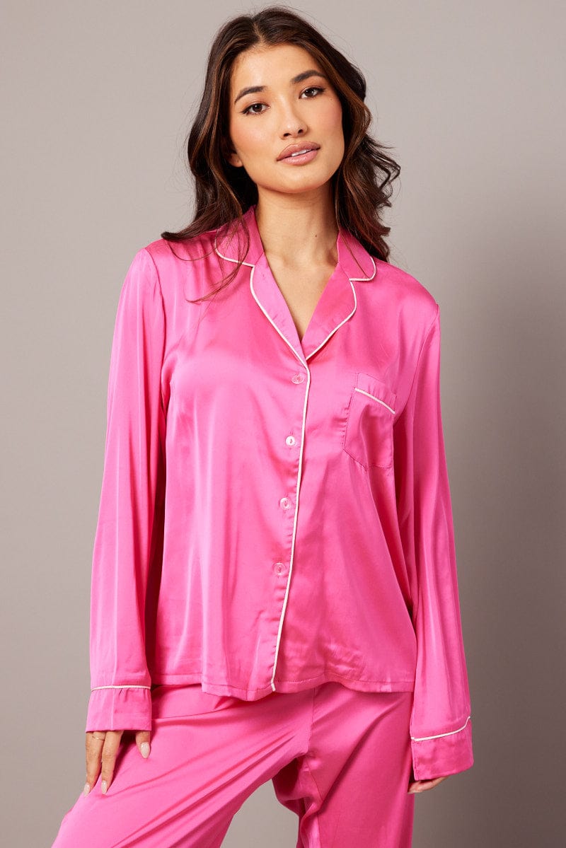 Pink Satin Pyjama Contrast Piping Long Leg Pj Set for Ally Fashion