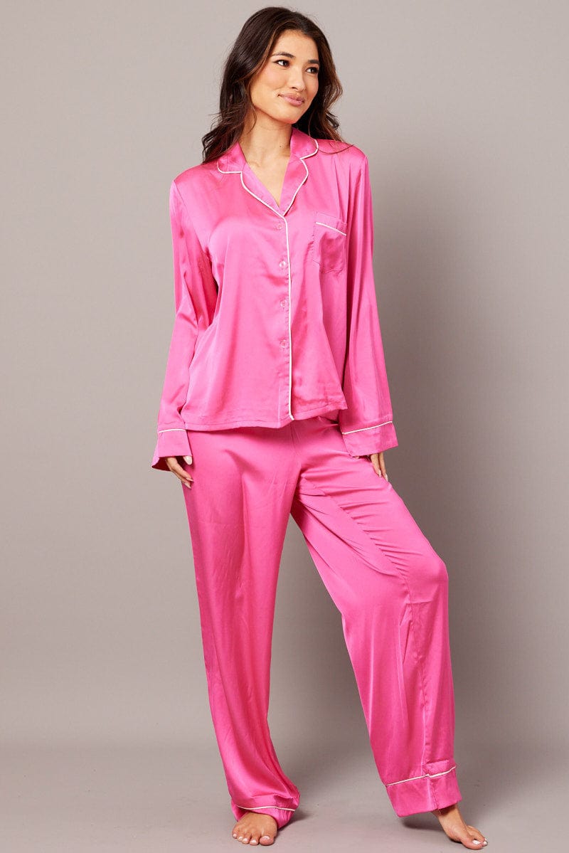 Pink Satin Pyjama Contrast Piping Long Leg Pj Set for Ally Fashion