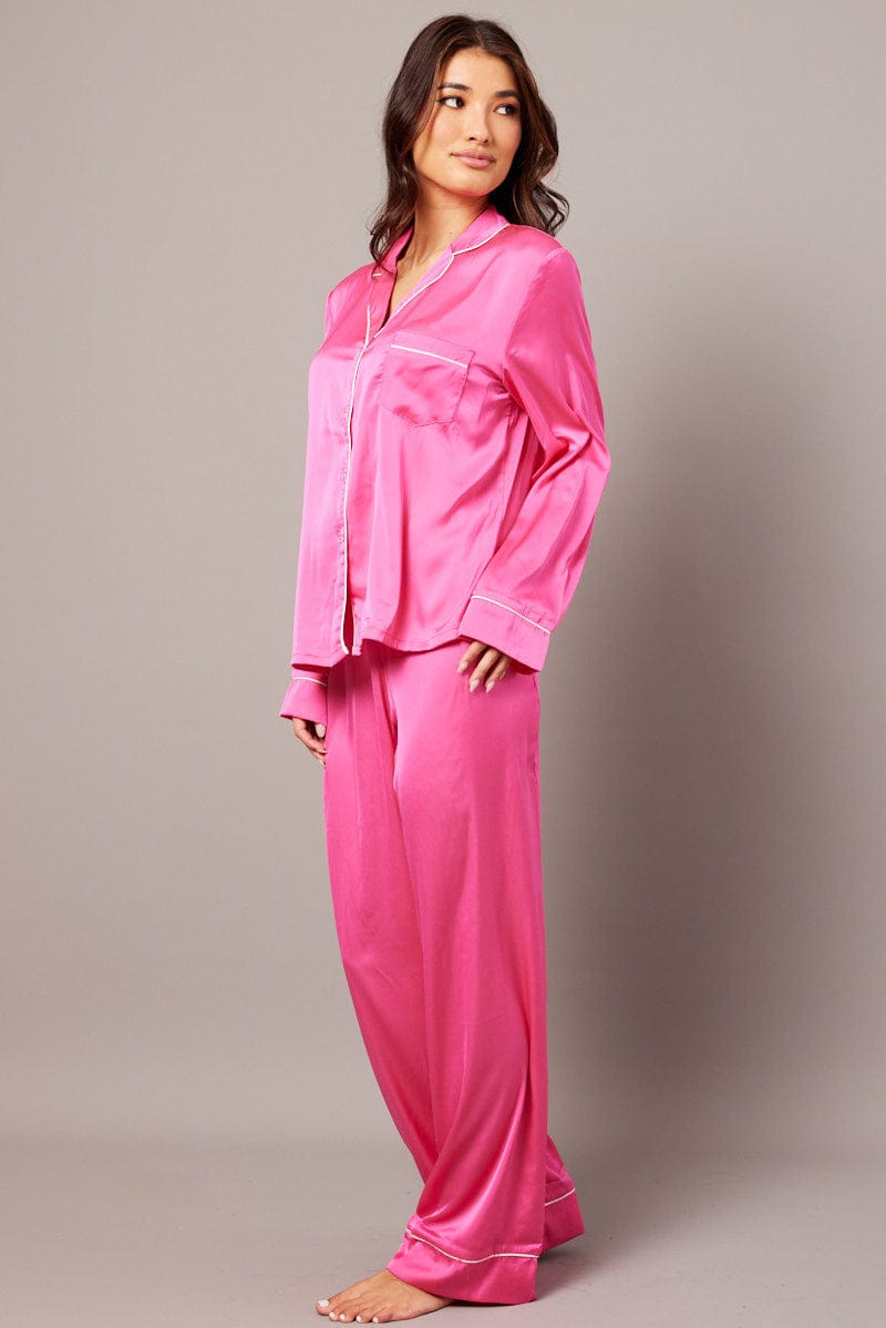 Pink Satin Pyjama Contrast Piping Long Leg Pj Set for Ally Fashion