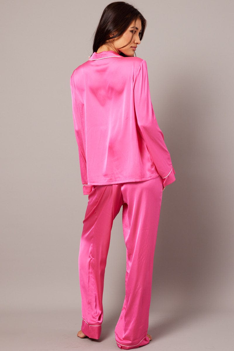 Pink Satin Pyjama Contrast Piping Long Leg Pj Set for Ally Fashion