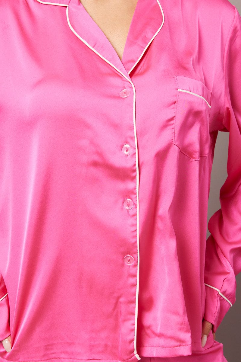 Pink Satin Pyjama Contrast Piping Long Leg Pj Set for Ally Fashion