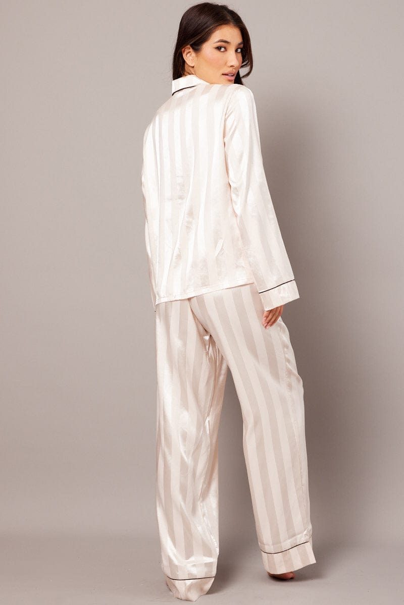 Beige Stripe Pj Set Satin Stripe Contrast Piping Pyjama for Ally Fashion