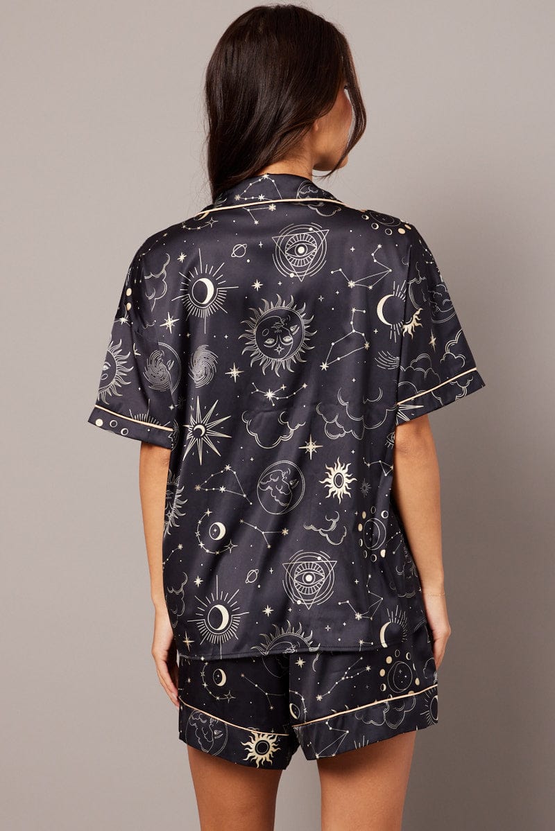 Black Print Pyjama Set Celestial Print Satin Piping Pj for Ally Fashion