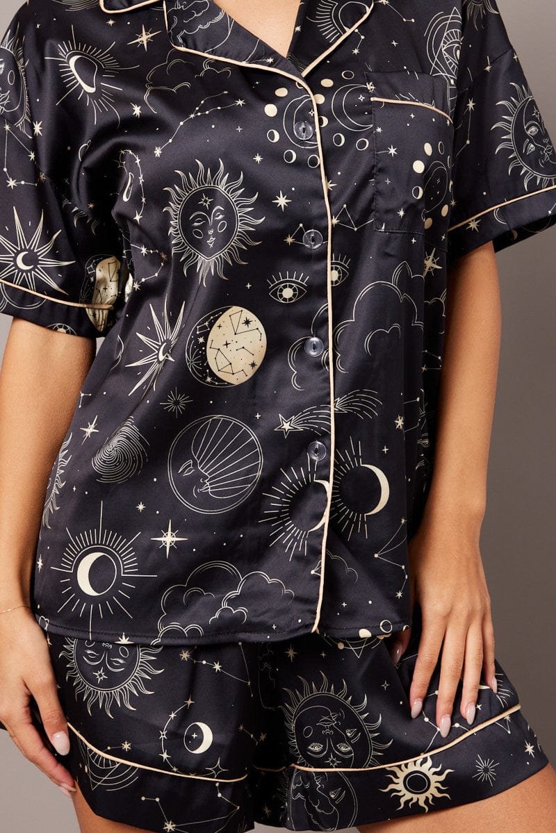 Black Print Pyjama Set Celestial Print Satin Piping Pj for Ally Fashion