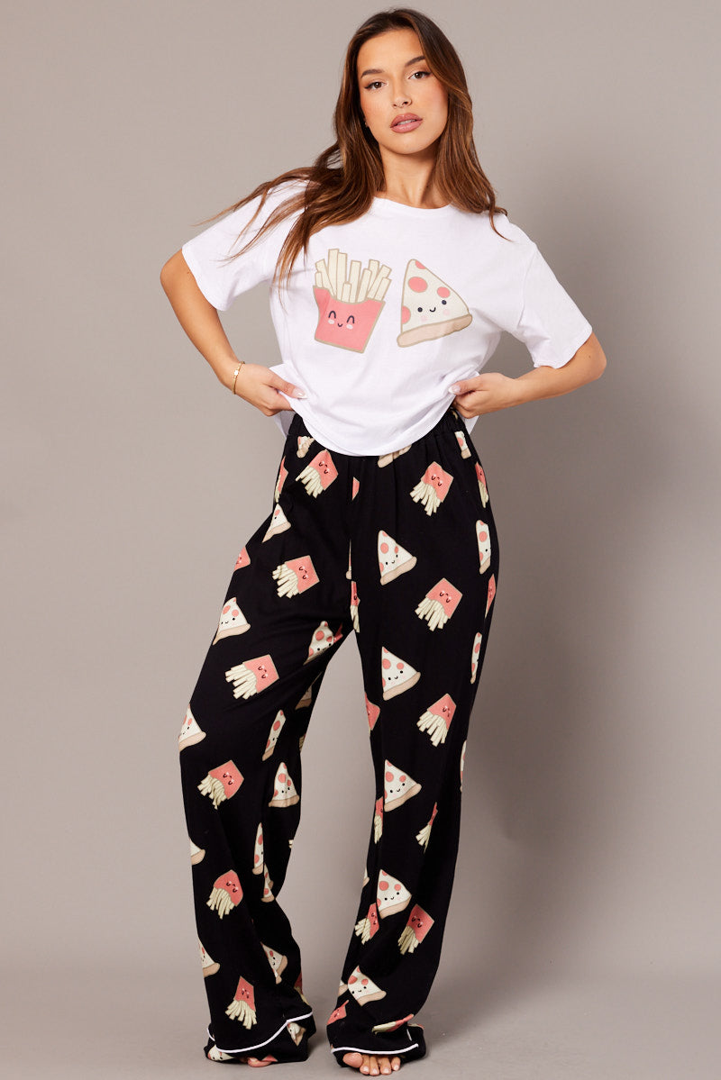 Black Print Graphic Pj Set Pizza Fries Novelty Pyjama for Ally Fashion