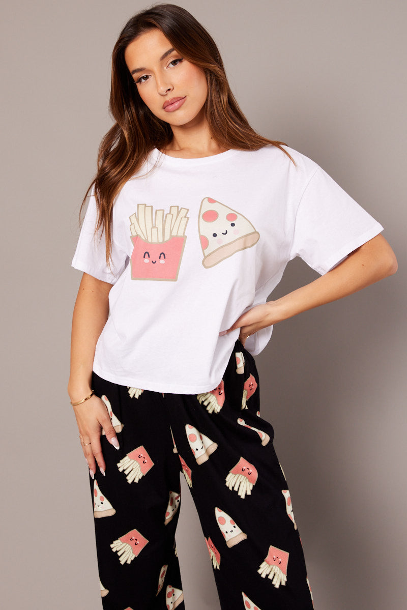 Black Print Graphic Pj Set Pizza Fries Novelty Pyjama for Ally Fashion