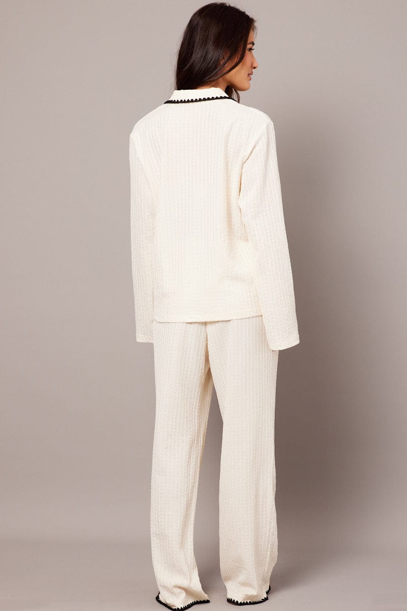 White Soft PJ Set Contrast Trim Long Leg Pyjama for Ally Fashion